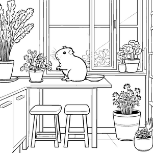 Meerschweinchen auf bunter Fensterbank Ausmalvorlage für kreative Pflanzenfreunde