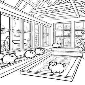 Gemütliche Meerschweinchen im sonnigen Raum Ausmalmotiv für fröhliche Tierliebhaber