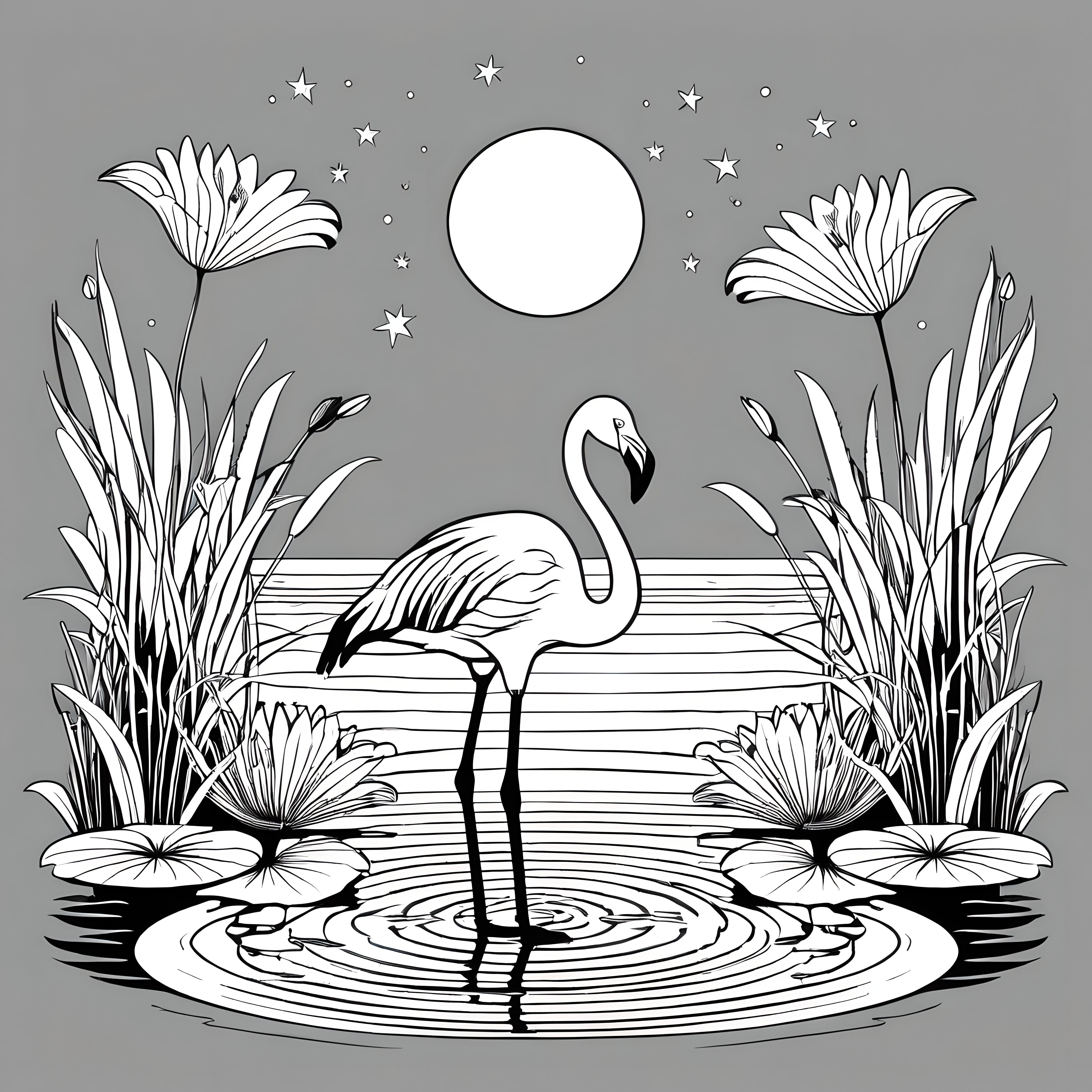 Eleganter Flamingo vor glitzerndem Wasser Ausmalmotiv für heimliche Wasserliebhaber