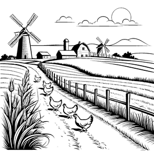 Lebhafte Hühnerschar auf malerischem Bauernhof Ausmalvorlage für kleine Landwirtschaftsfreunde