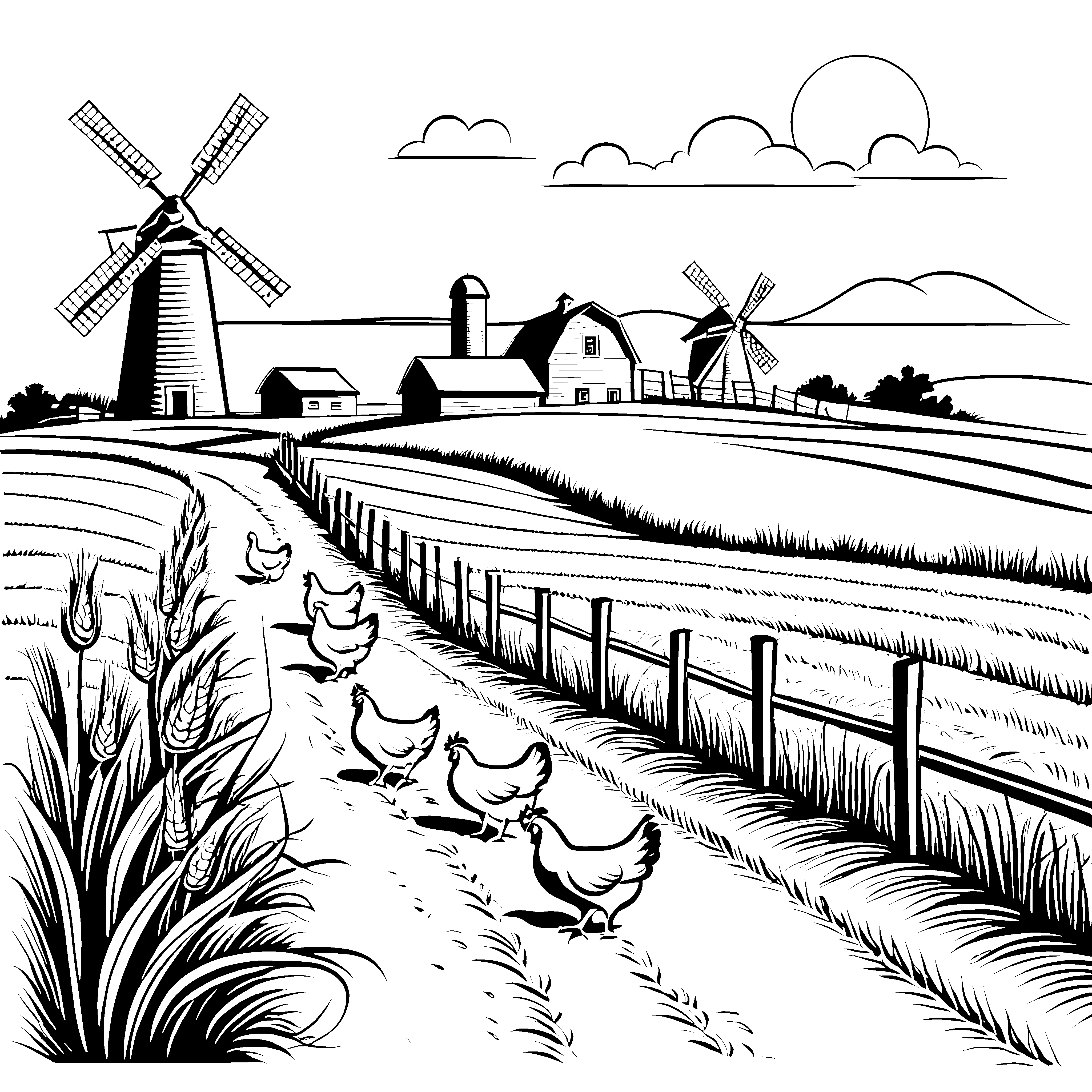 Lebhafte Hühnerschar auf malerischem Bauernhof Ausmalvorlage für kleine Landwirtschaftsfreunde