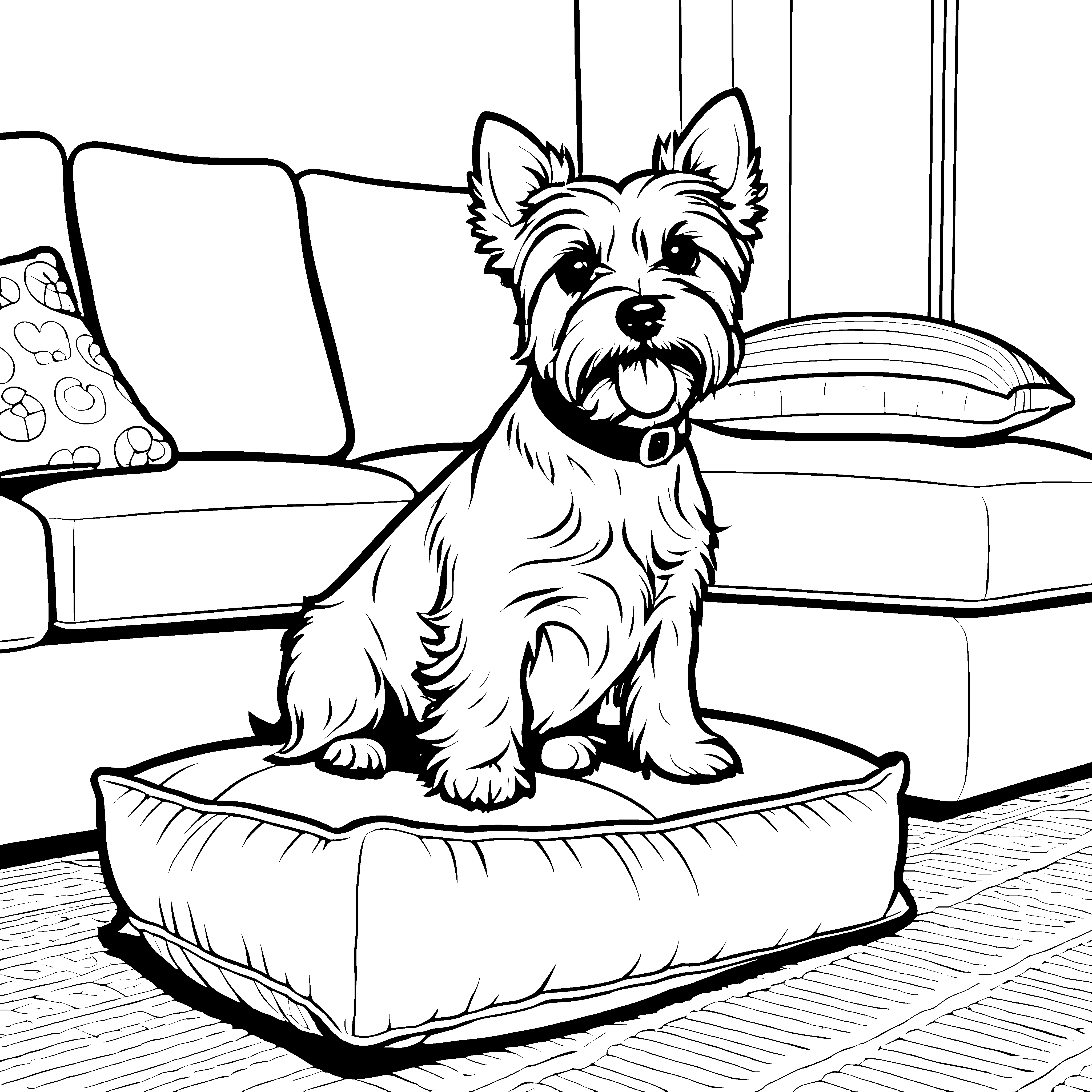 Verspielter Yorkshire Terrier auf gemütlichem Kissen Ausmalbild für tierliebe Künstler