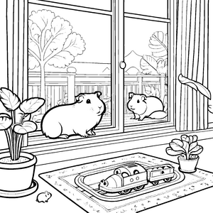 Zwei neugierige Meerschweinchen am Fenster Ausmalbild für kleine Tierliebhaber