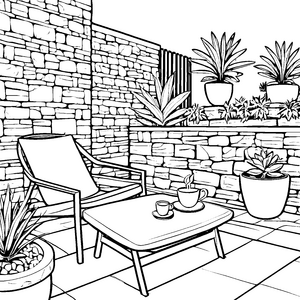 Gemütlicher Loungesessel auf sonniger Terrasse Ausmalvorlage für kreative Entdecker