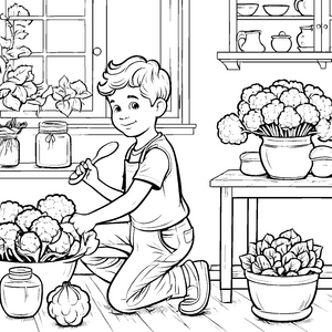 Fröhlicher Junge erntet frischen Blumenkohl Ausmalvorlage für kleine Gartenfreunde