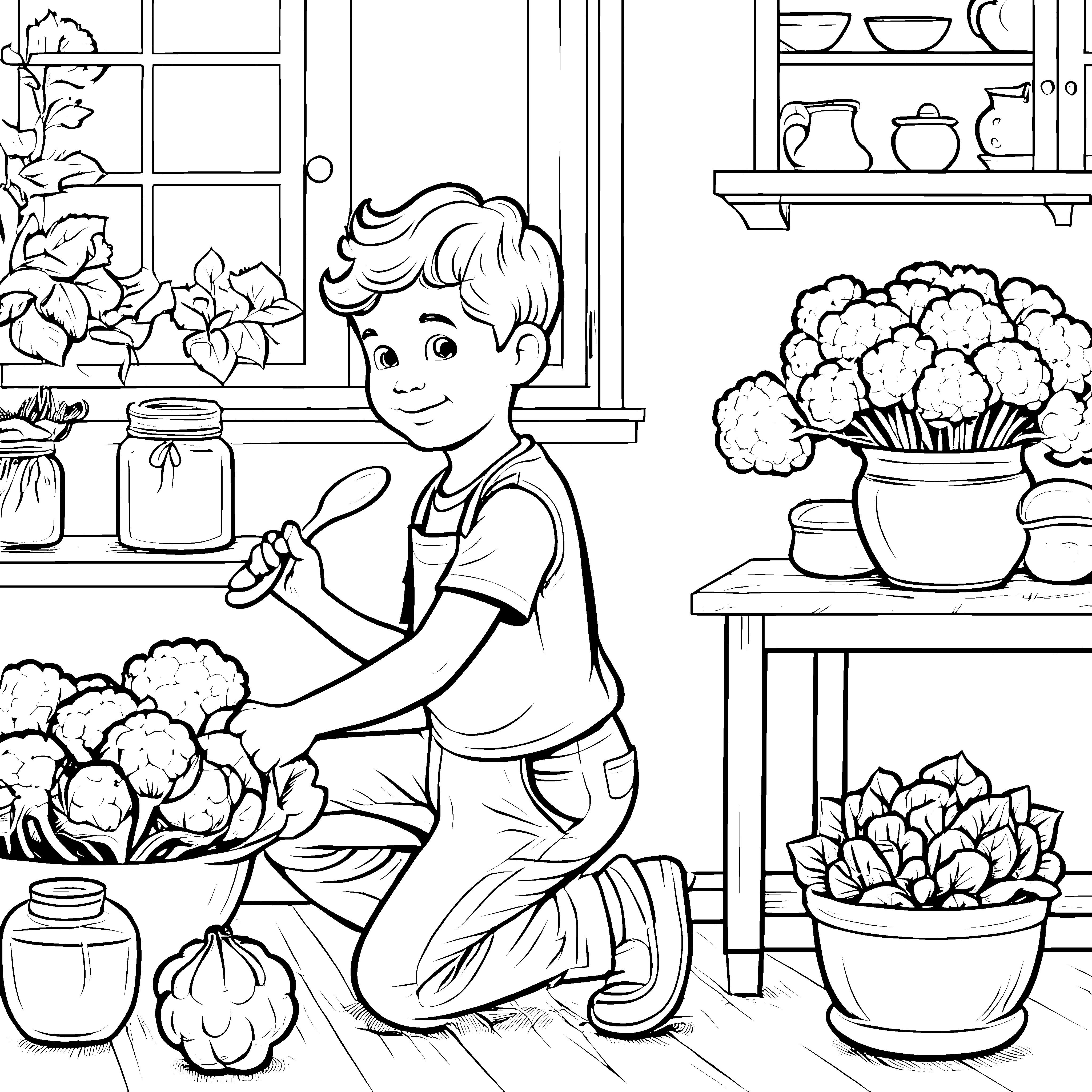 Fröhlicher Junge erntet frischen Blumenkohl Ausmalvorlage für kleine Gartenfreunde