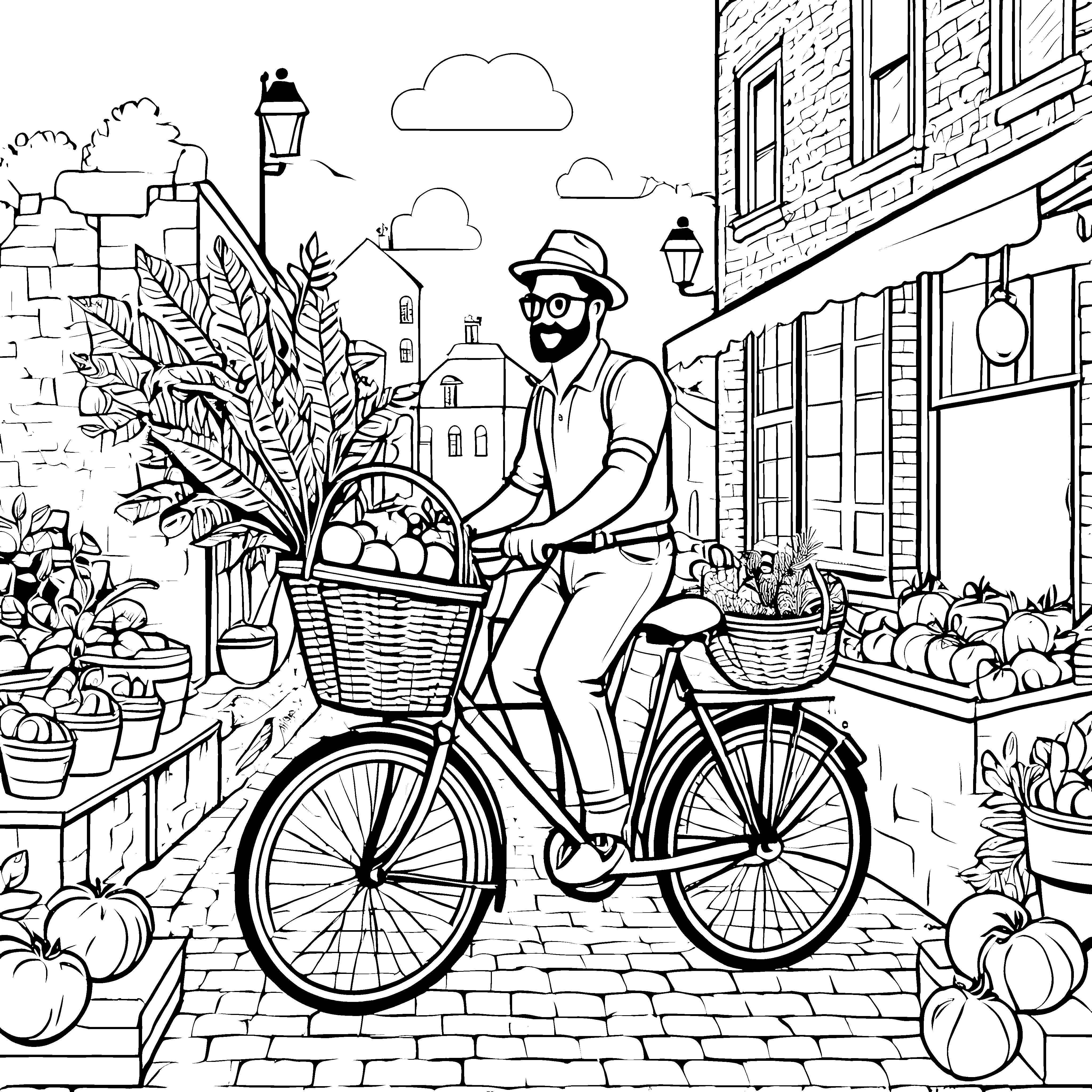 Hipster auf dem Fahrrad mit buntem Obst Ausmalbild für kreative Köpfe