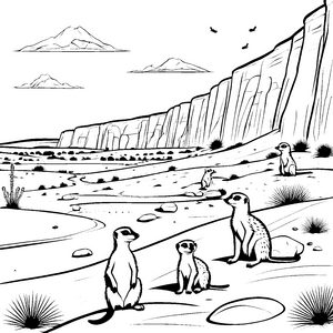 Neugierige Erdmännchen in der sonnigen Wüste Ausmalvorlage für kleine Abenteurer