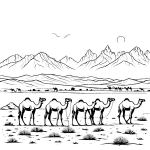 Charmante Kamele in mystischer Wüstenlandschaft Ausmalbild für reiselustige Entdecker