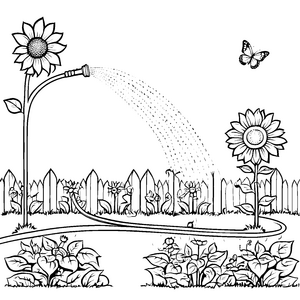 Wassersprühender Gartenschlauch zwischen blühenden Sonnenblumen Ausmalvorlage für abenteuerliche Gartenfreunde
