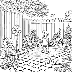 Spritzender Gartenschlauch mit fröhlichem Kinderlachen Ausmalbild für kleine Gartenfreunde