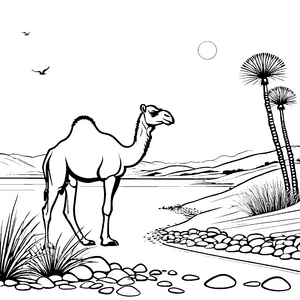 Abenteuerliches Kamel in malerischer Wüstenlandschaft Ausmalbild für kleine Entdecker