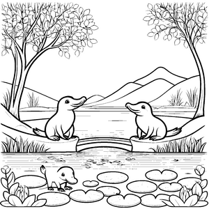 Verspielte Schnabeltier-Babys am lustigen Teich Ausmalbild für kleine Naturfreunde
