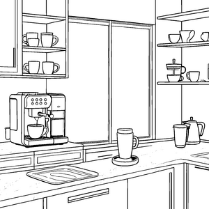 Moderne Kaffeemaschine in trendiger Küche Ausmalbild für kreative Kaffeeliebhaber
