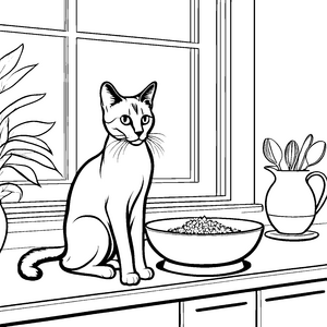 Schmusekatze mit leckerer Futterdose Ausmalvorlage für kleine Katzenfreunde