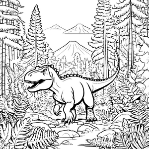 Dramatischer Tyrannosaurus Rex in prähistorischer Landschaft Ausmalvorlage für neugierige Dino-Fans