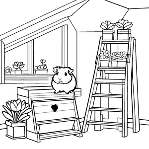 Neugieriges Meerschweinchen auf gemütlicher Fensterbank Ausmalbild für kleine Tierfreunde