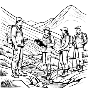 Geologen bei spannender Expedition im Gebirge Ausmalvorlage für abenteuerlustige Entdecker