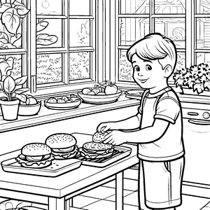 Schmackhafte Hamburger im bunten Küchenparadies Ausmalvorlage für kleine Gourmets