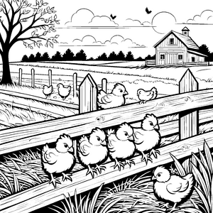 Hüpfende Küken auf fröhlicher Farm Ausmalmotiv für kleine Landliebhaber