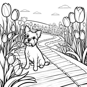 Verspielter Yorkshire Terrier zwischen bunten Tulpen Malvorlage für kreative Tierfreunde