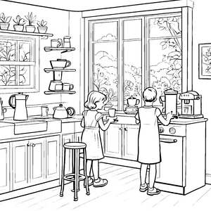 Kreative Kaffeepause mit fröhlichen Kindern Ausmalmotiv für junge Genießer