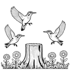 Fröhliche Vögel im Flug über bunten Blumen Ausmalbild für kleine Musikfreunde