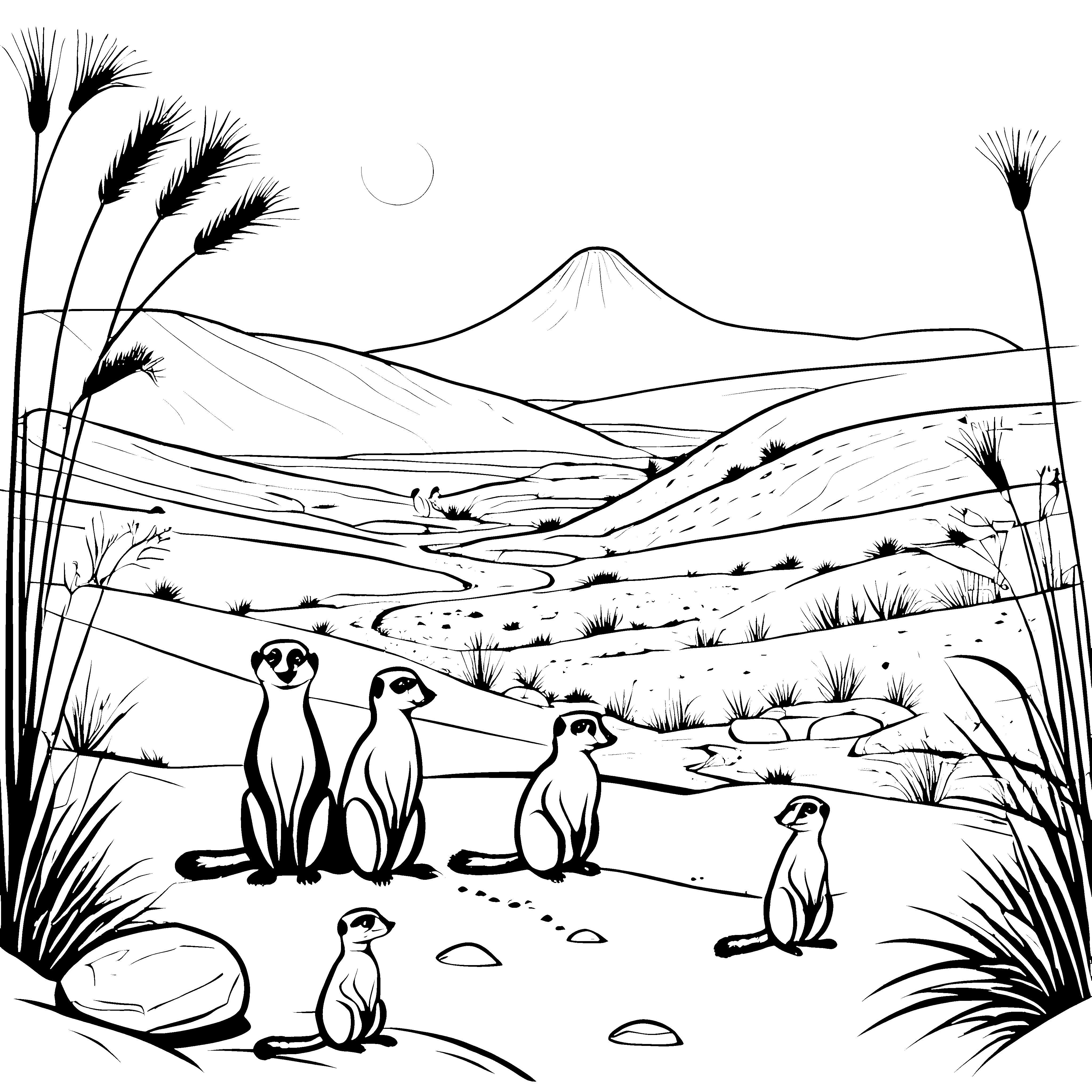 Neugierige Erdmännchen in malerischer Landschaft Ausmalbild für abenteuerliche Tierfreunde