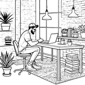 Stylischer Hipster im kreativen Arbeitsumfeld Malvorlage für junge Entdecker