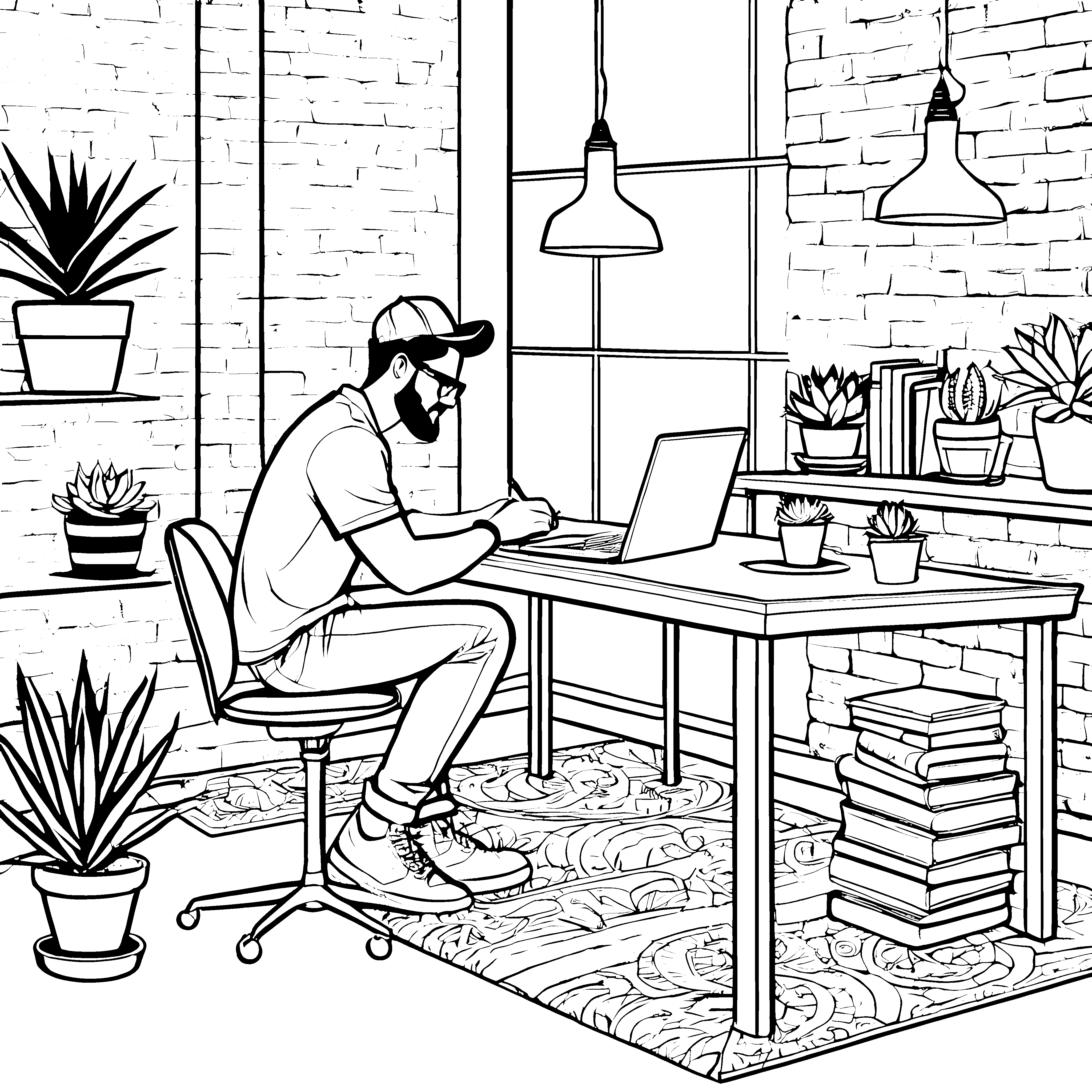 Stylischer Hipster im kreativen Arbeitsumfeld Malvorlage für junge Entdecker
