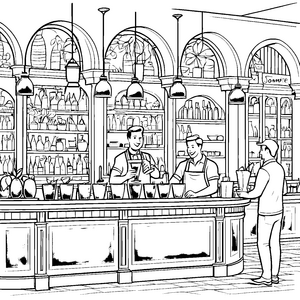 Betriebsamer Barkeeper mit bunten Cocktails Malvorlage für kreative Feierfreunde