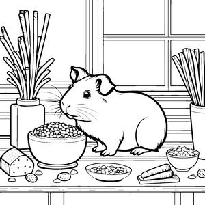 Zauberhaftes Meerschweinchen mit leckerem Futter Ausmalbild für kleine Tierliebhaber