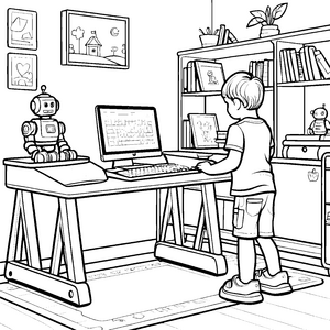 Kreative Tastatur mit einem freundlichen Roboter Ausmalbild für wissbegierige kleine Entdecker