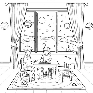 Kreative Kinder beim Spielen im galaktischen Zimmer Ausmalbild für kleine Traumerforscher