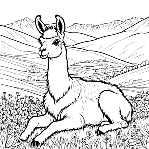 Verspielt linderndes Lama-Jungtier auf blühender Wiese Ausmalvorlage für neugierige Tierfreunde