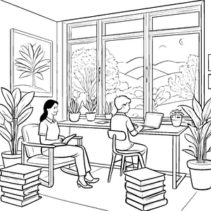 Entspannendes Therapiezimmer mit Blick in die Natur Ausmalmotiv für neugierige Entdecker