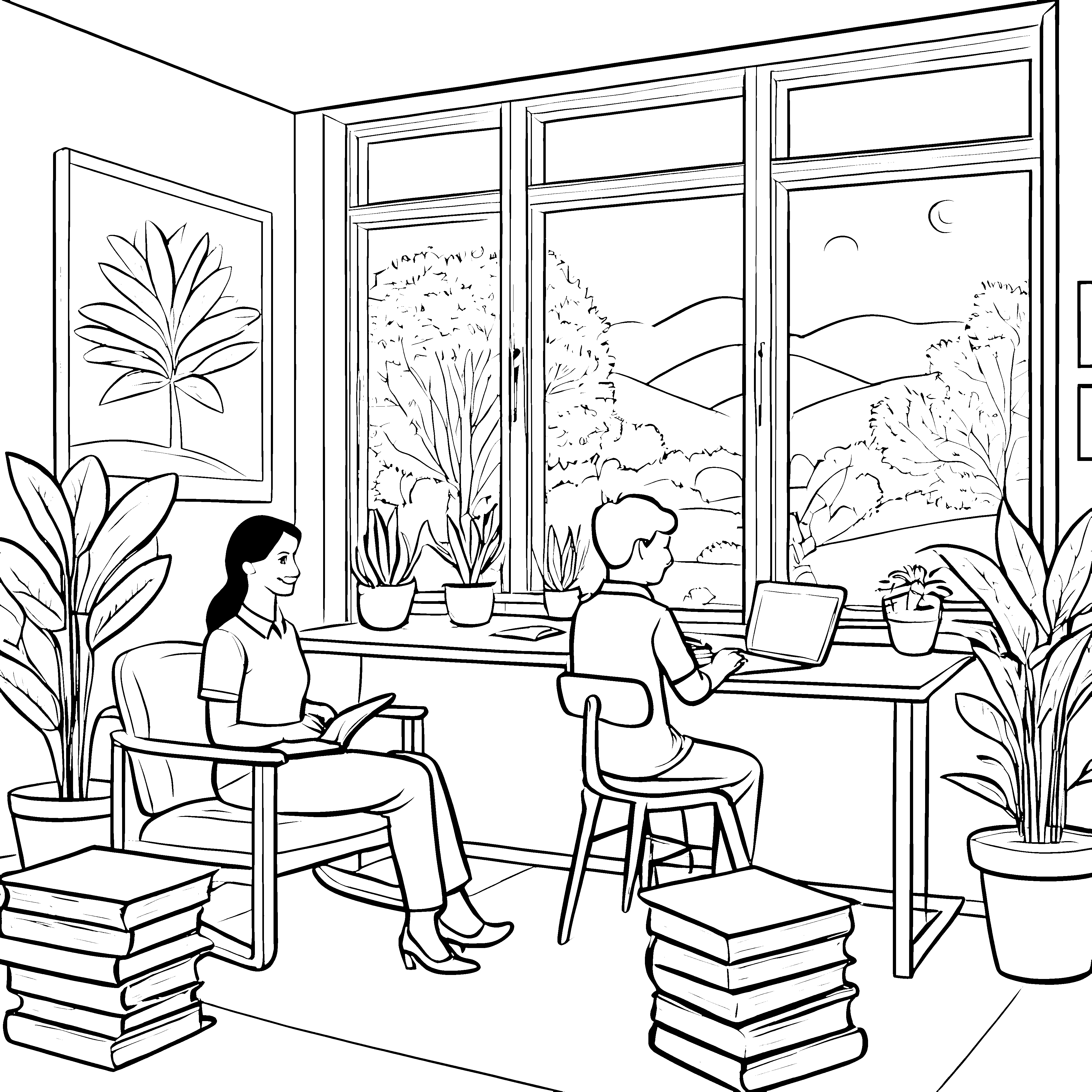 Entspannendes Therapiezimmer mit Blick in die Natur Ausmalmotiv für neugierige Entdecker