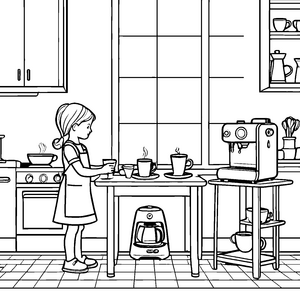 Kreative Kaffeemaschine in gemütlicher Küchenszene Ausmalvorlage für kleine Genießer