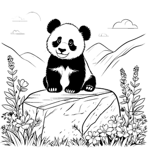 Verspielter Panda auf bunter Blumenwiese Ausmalbild für kleine Abenteurer