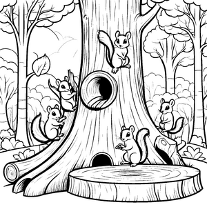 Verspielte Flughörnchen am alten Baumstamm Ausmalmotiv für kleine Naturfreunde