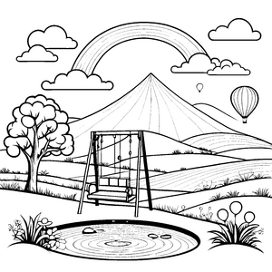 Fantasievoller Regenbogen über Spielplatzausmalbild für neugierige Naturentdecker