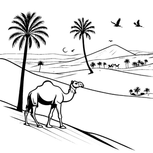 Schickes Kamel in der Wüstenlandschaft Ausmalbild für kleine Abenteuerlustige