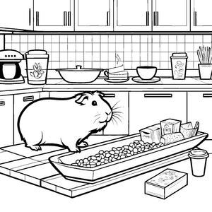 Süßes Meerschweinchen in fröhlicher Küche Ausmalvorlage für kleine Hobbyköche