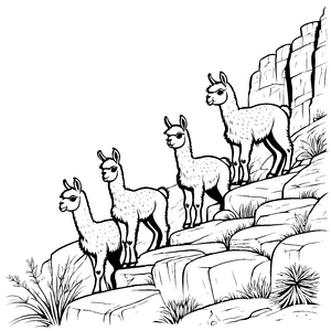 Verspielte Lama-Jungtiere auf steilem Felsen Ausmalvorlage für neugierige Naturfreunde