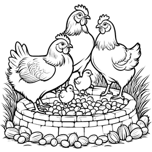 Fröhliche Hühnerfamilie im bunten Nest Ausmalbild für kleine Tierliebhaber