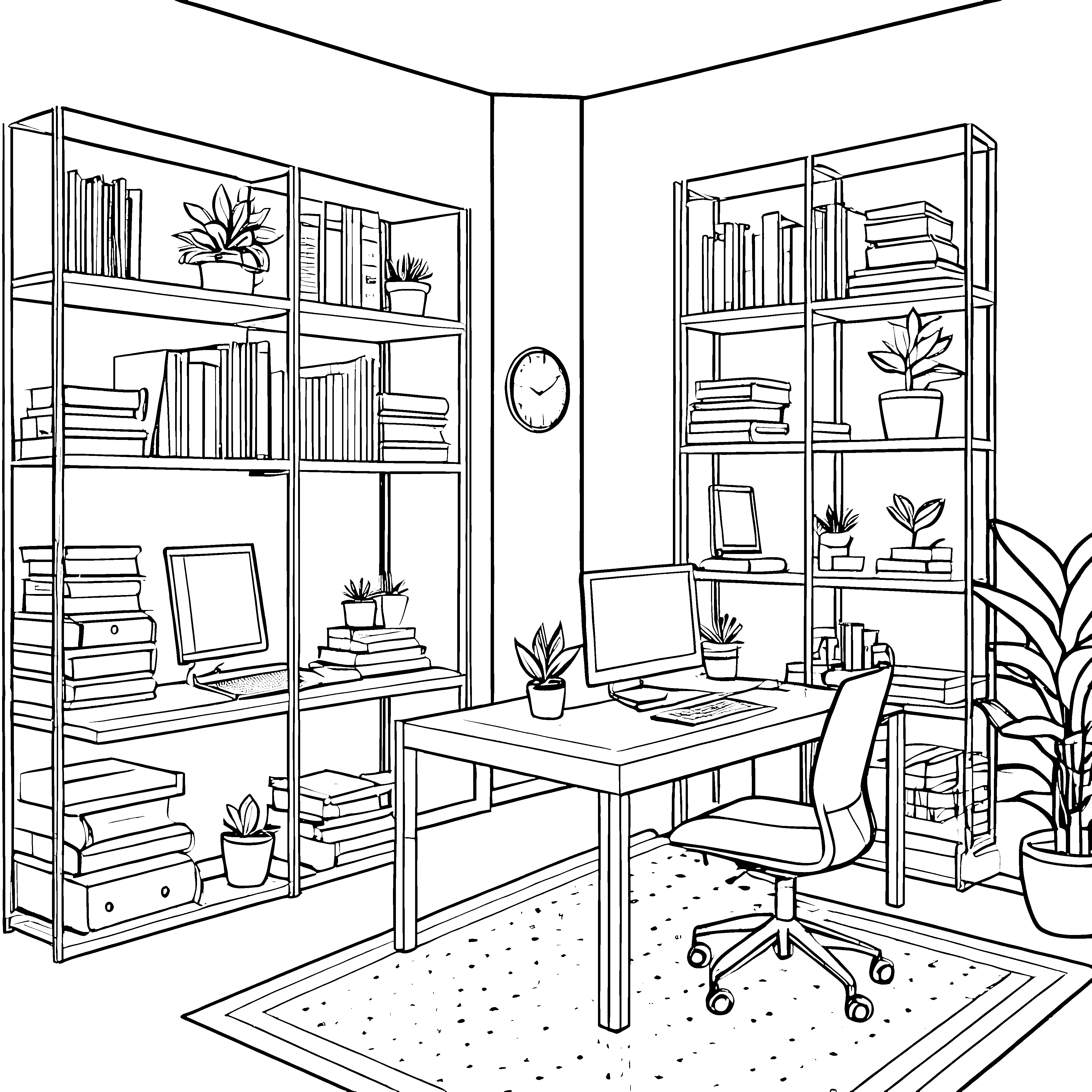 Inspirierendes Arbeitszimmer mit Monitor und Bücherregalen Ausmalbild für kreative Ideenfinder