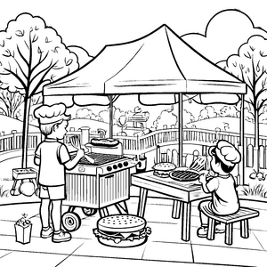 Leckere Hamburger auf dem Grill Ausmalvorlage für kleine Grillmeister