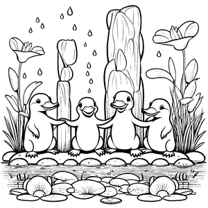 Süße Schnabeltier-Babys im spritzigen Teich Ausmalbild für kleine Tierliebhaber