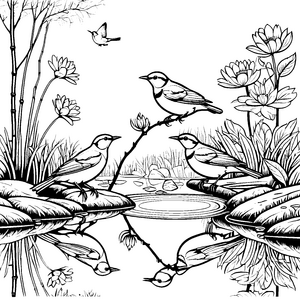Flotte Vögel am glitzernden Pfützenspiegel Ausmalbild für kreative Naturfreunde