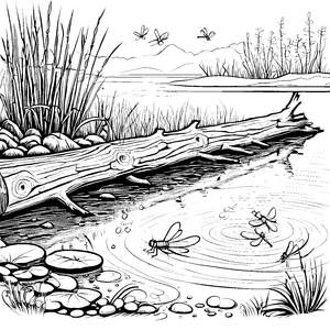 Faszinierendes Treibholz am glitzernden Wasser Ausmalbild für kleine Naturentdecker